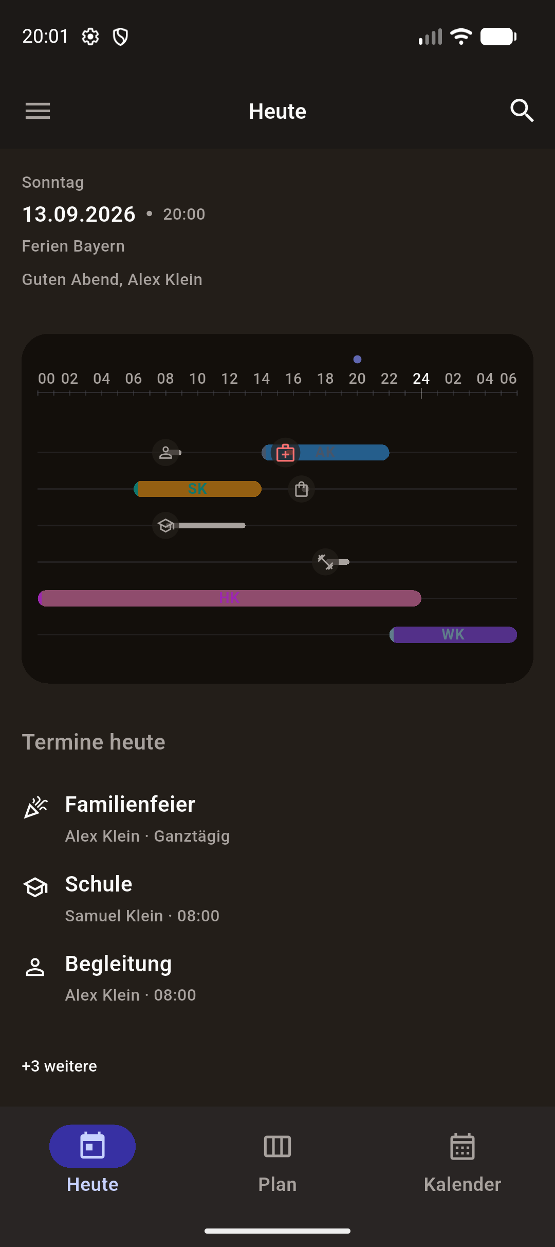 Heute-Ansicht mit Schichten und Terminen des Tages