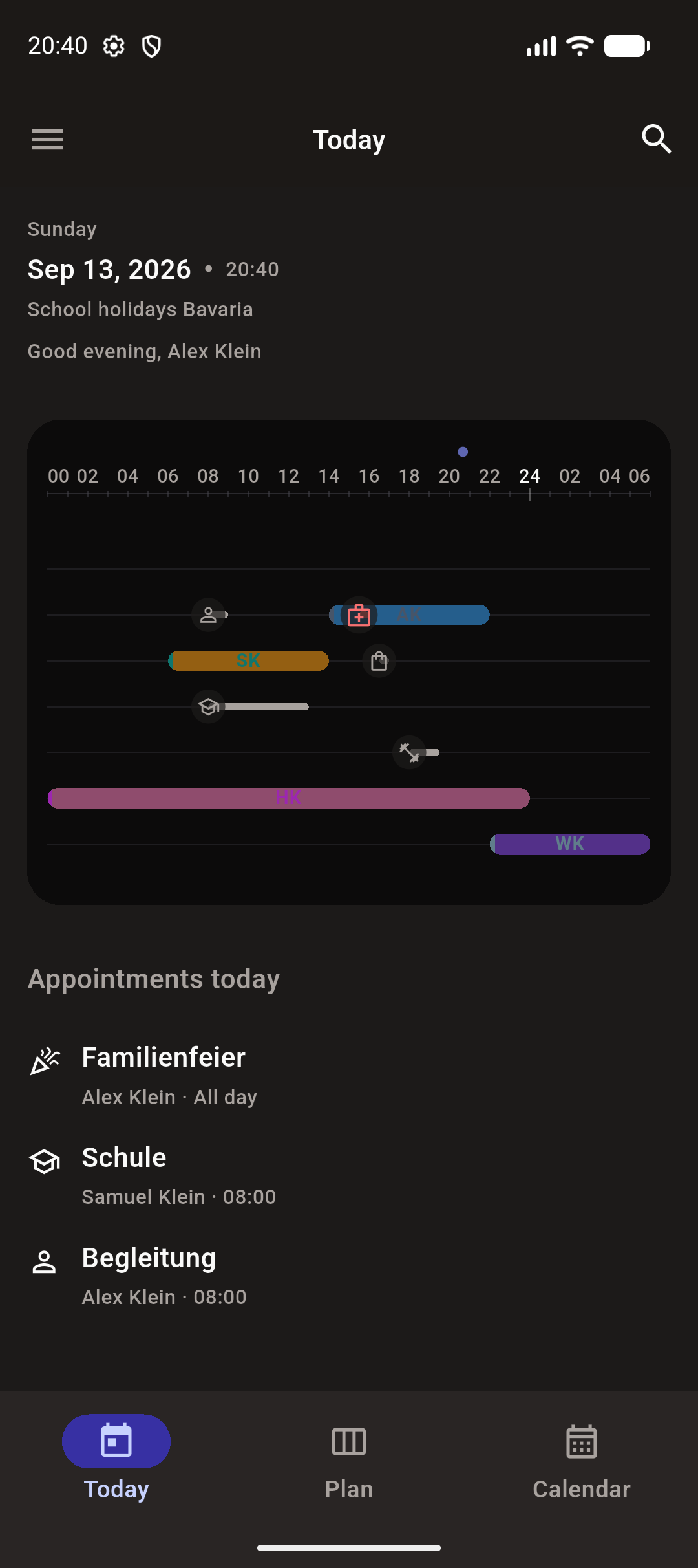 Today view with the day’s shifts and appointments