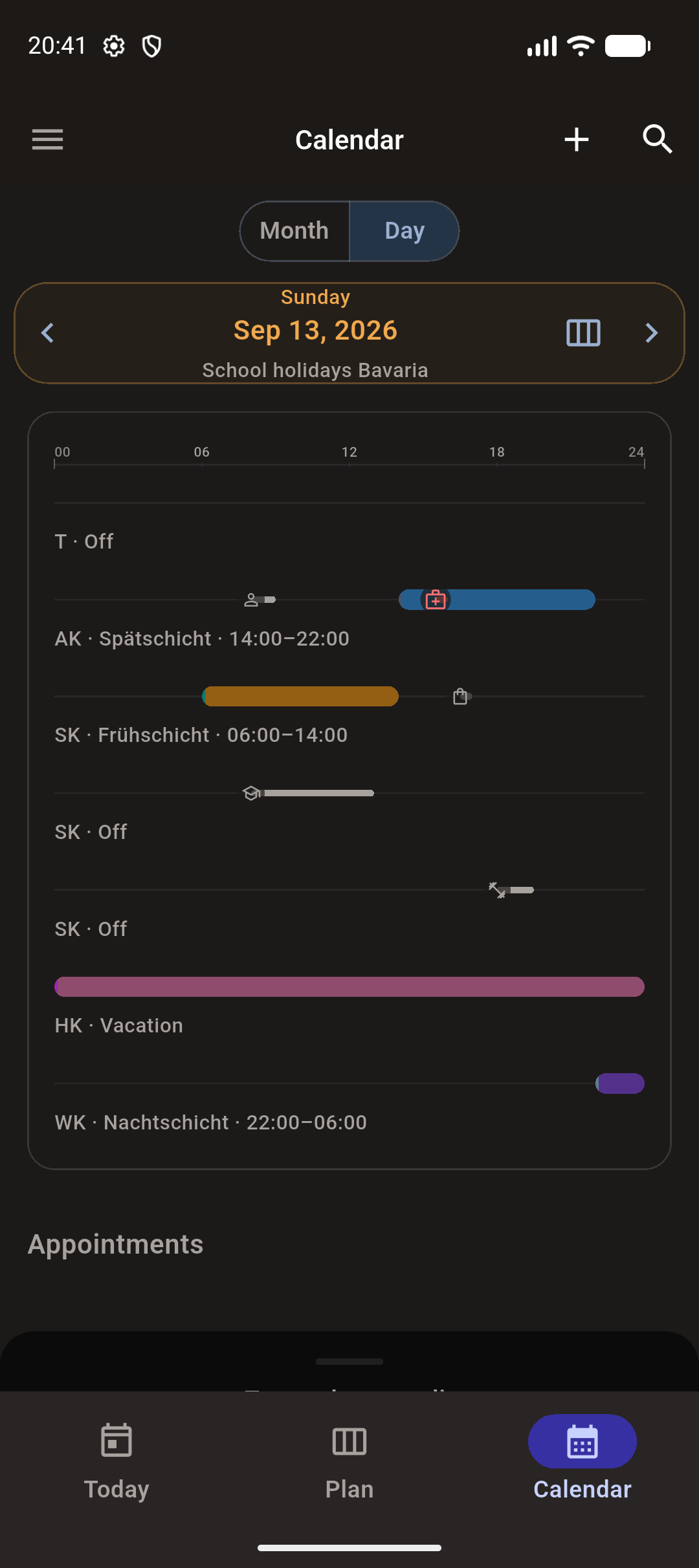 Day view with shifts, appointments, and time bars
