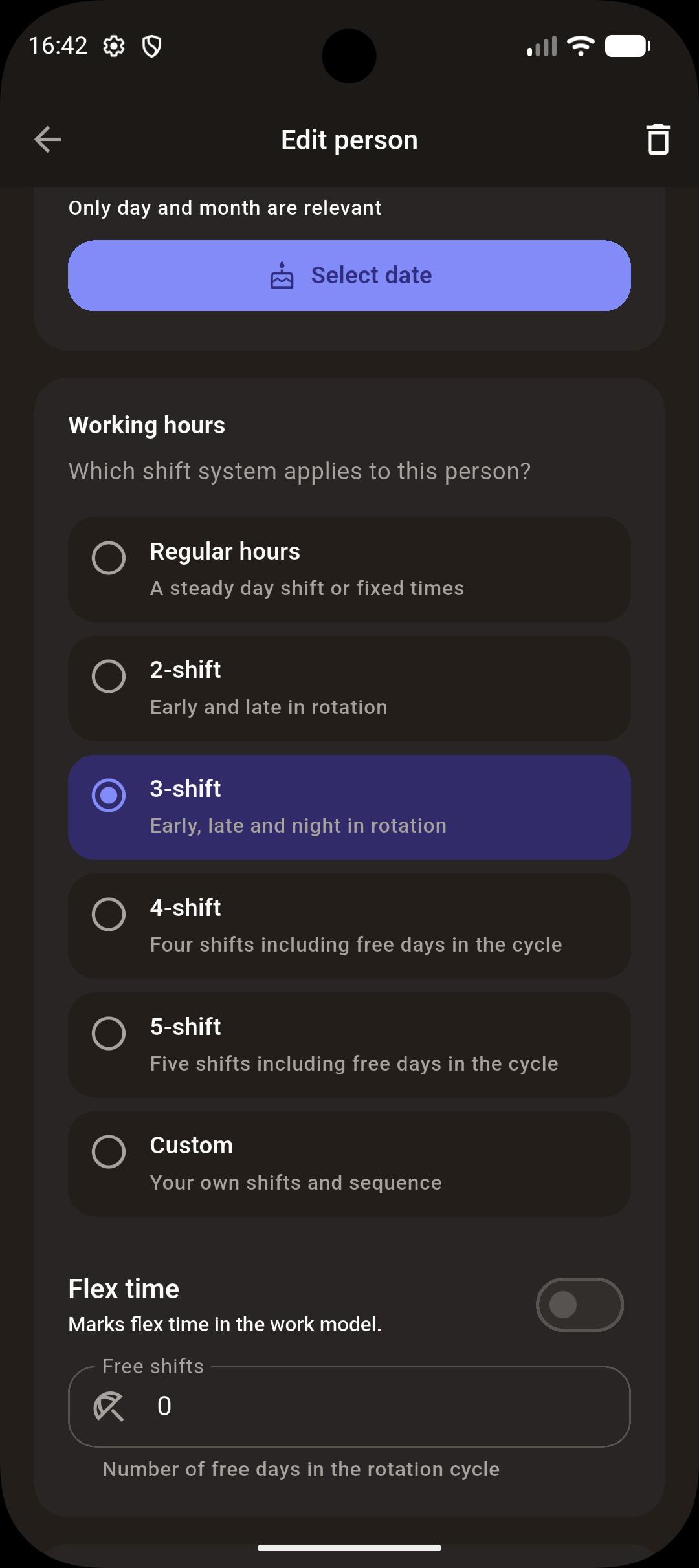 Choosing a shift pattern for working time