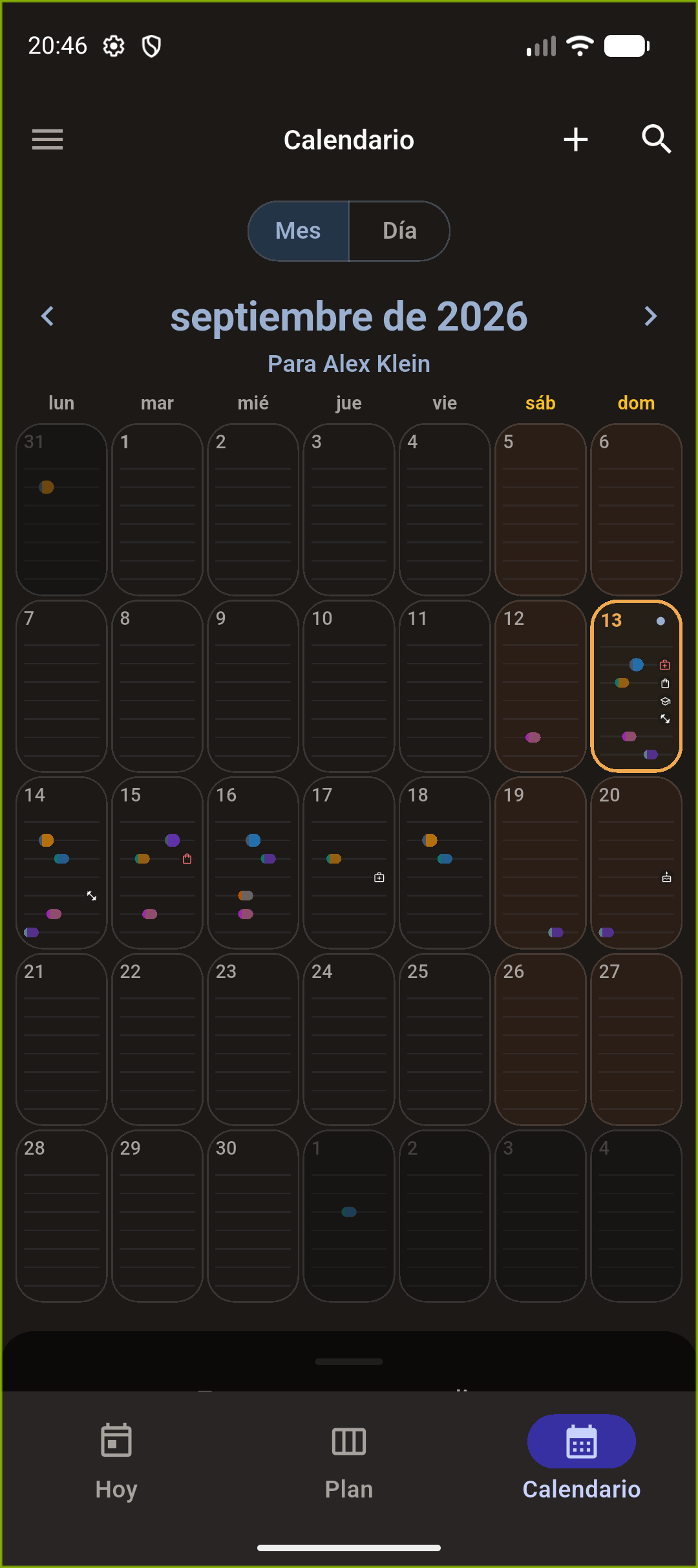 Calendario del mes con turnos y citas