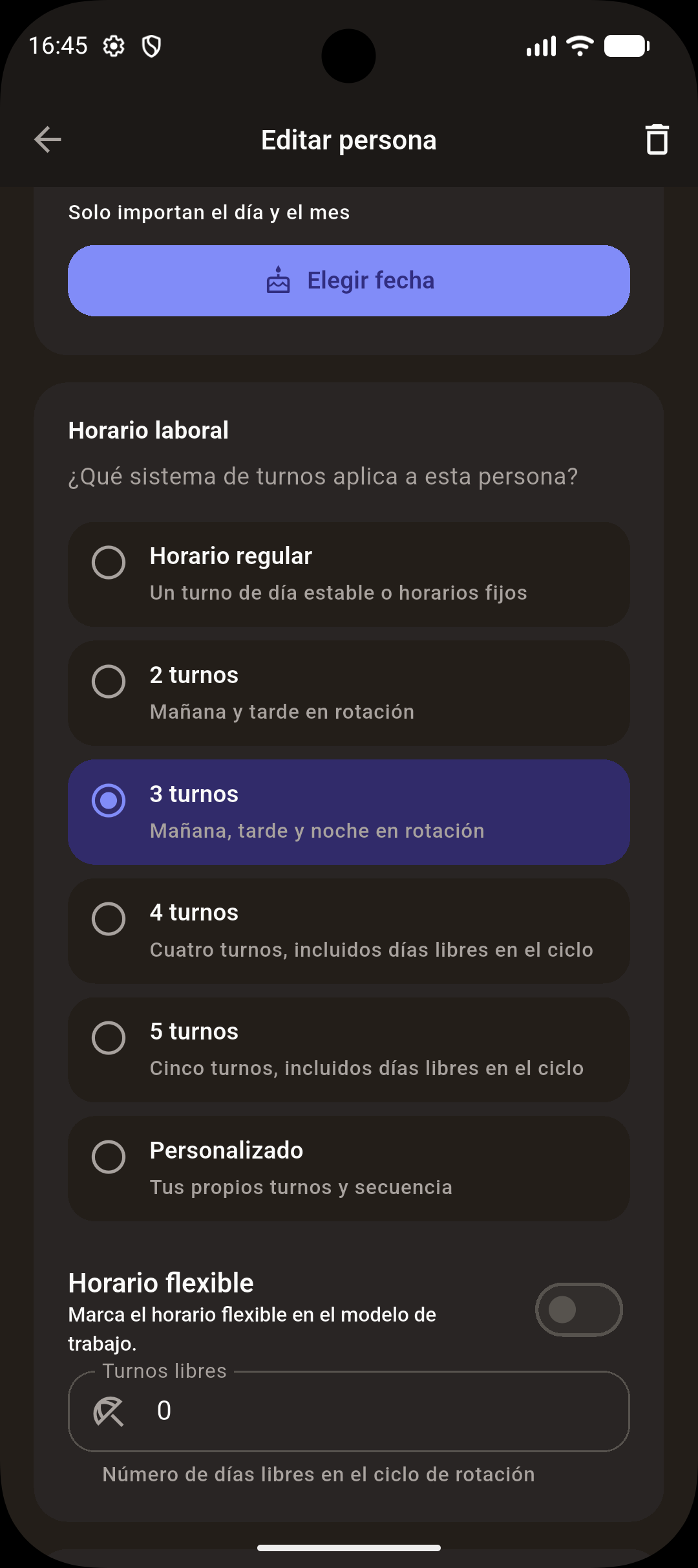 Elección del modelo de turno para el tiempo de trabajo