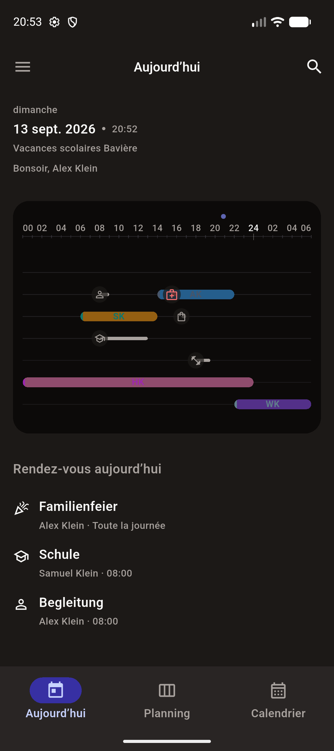 Vue du jour avec les postes et les rendez-vous