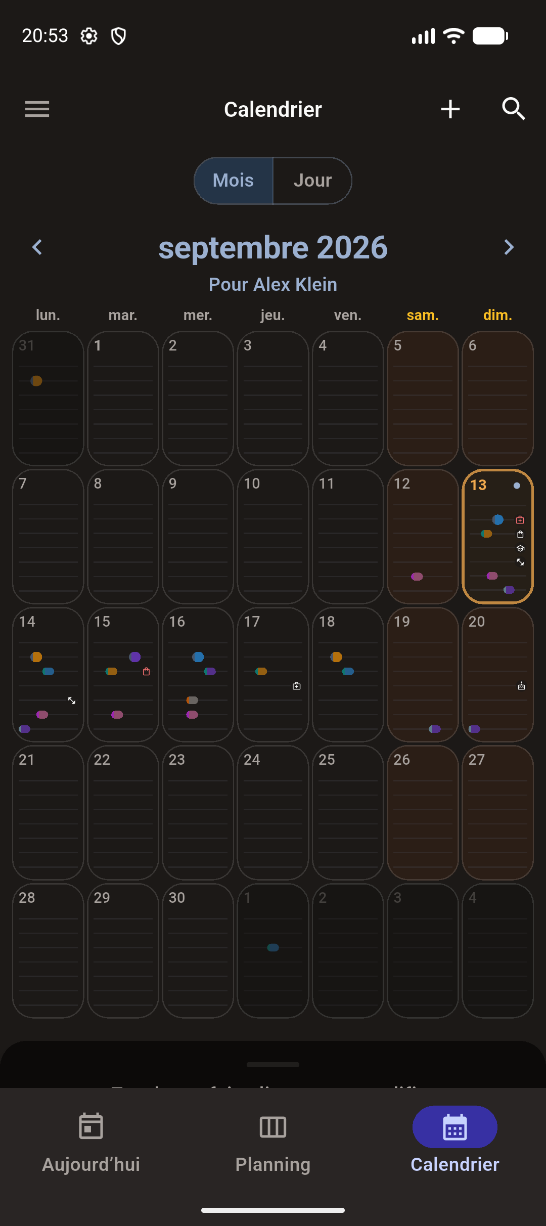 Calendrier du mois avec postes et rendez-vous