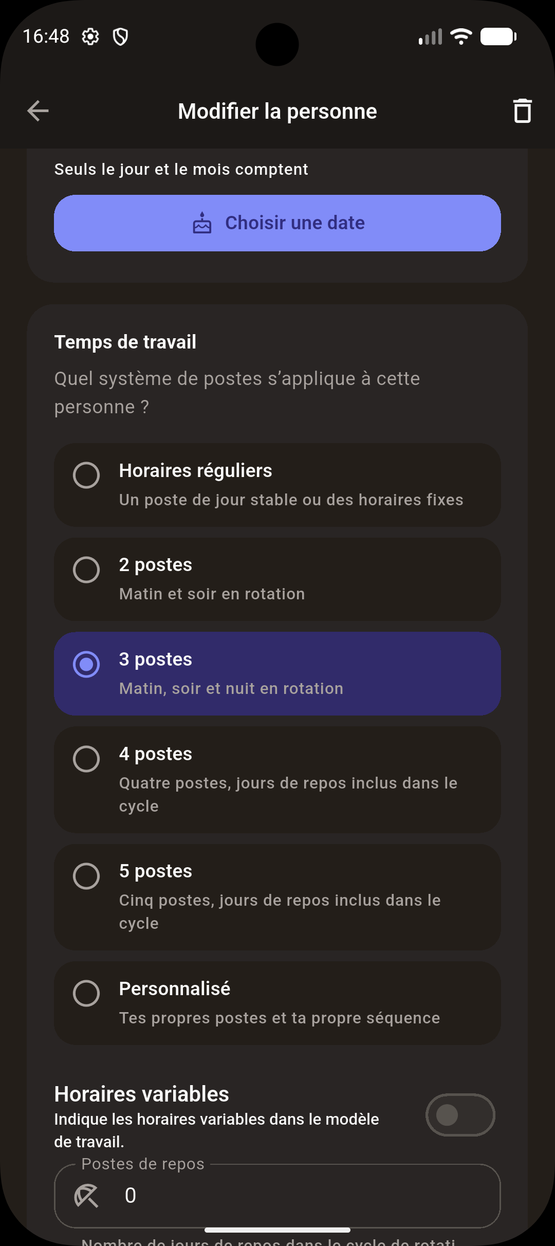 Choix du modèle de poste pour le temps de travail